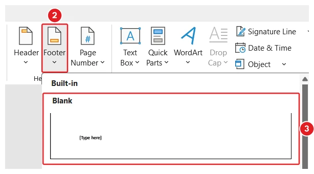 Adding a footer in Microsoft Word: The Footer button in the Header and Footer group on the Insert tab is marked 2, and the Blank design at the top of the Footer list is marked 3.