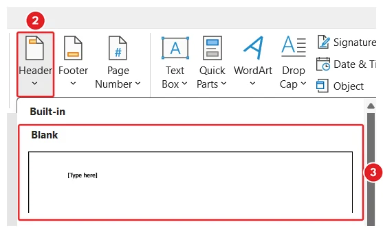 How to add headers and footers in Word: The Header button in the Header and Footer group on the Insert tab is marked 2, and the Blank design at the top of the Header list is marked 3.