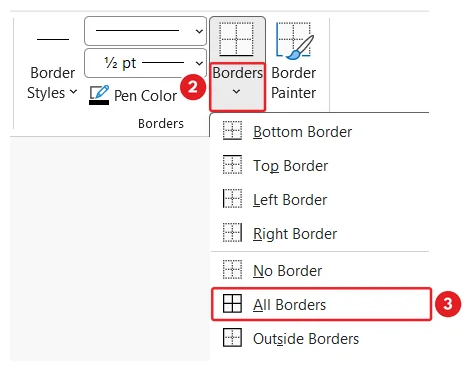 Adding table borders in Microsoft Word: The arrow on the Borders button in the Borders group is marked 2, and All Borders in its list is marked 3.