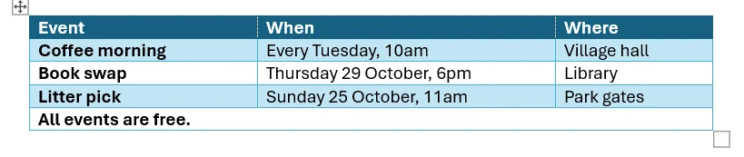 Example of a table style in Microsoft Word: The events table has a dark blue top row with white text and pale blue stripes on every other row.