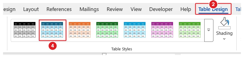 Table styles in Microsoft Word: The Table Design tab is marked 2 and a blue style in the Table Styles gallery is marked 4.