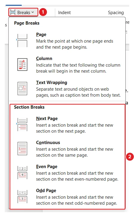 Section breaks in Word: the Breaks menu on the Layout tab showing Next Page, Continuous, Even Page and Odd Page section breaks