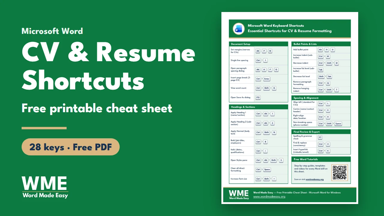 CV and Resume Shortcuts in Word: 28 Keys (Free PDF)