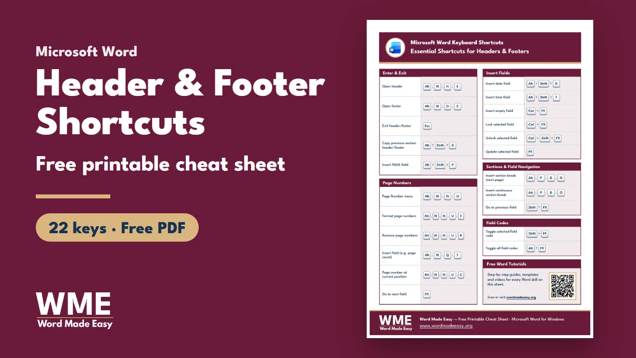 Header and Footer Shortcuts in Word: 22 Keys (Free PDF)