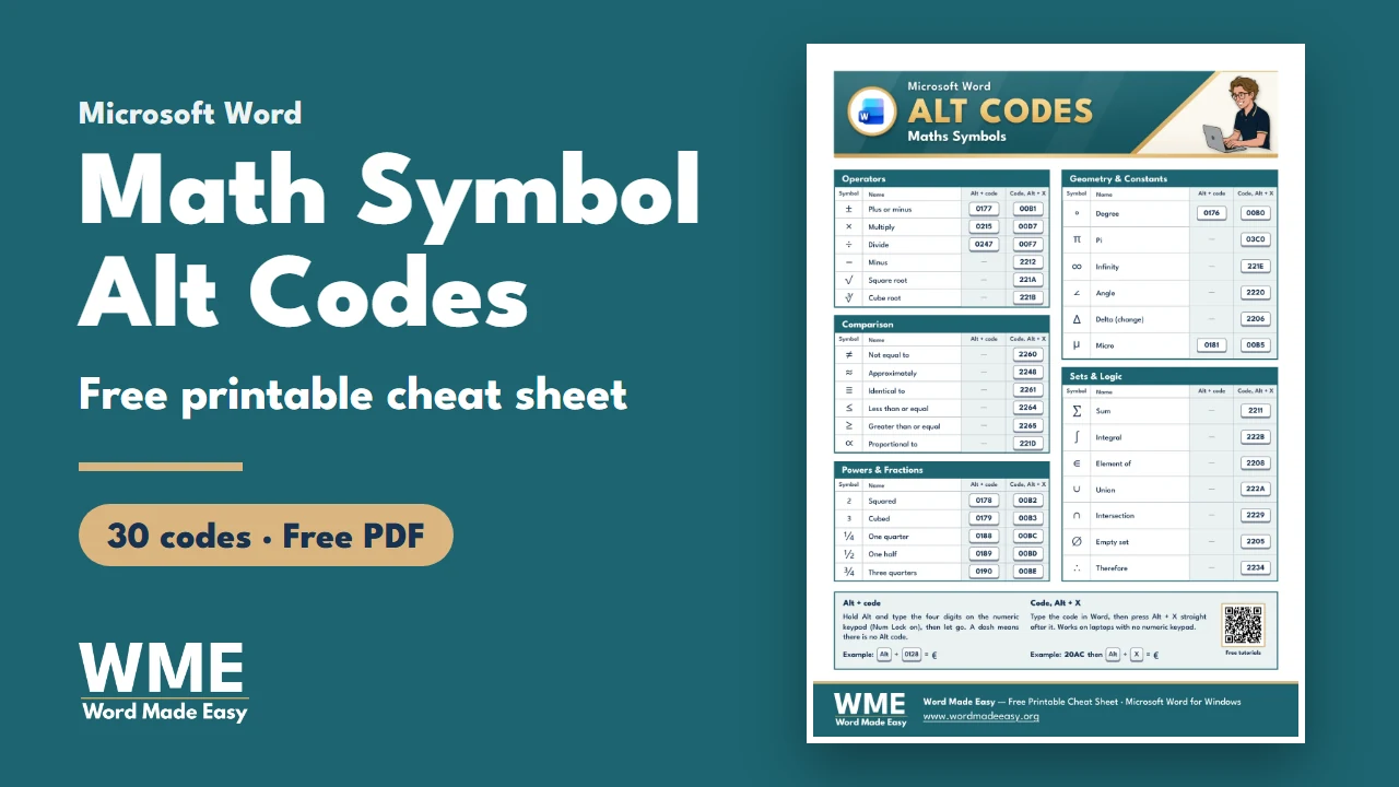 Math Symbol Alt Codes in Word: 30 Easy Codes (Free PDF)