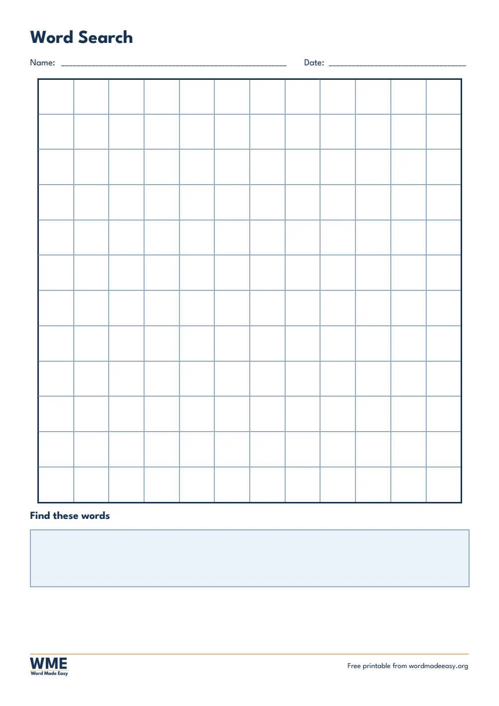 Word search template for Word: blank 12 by 12 grid on A4