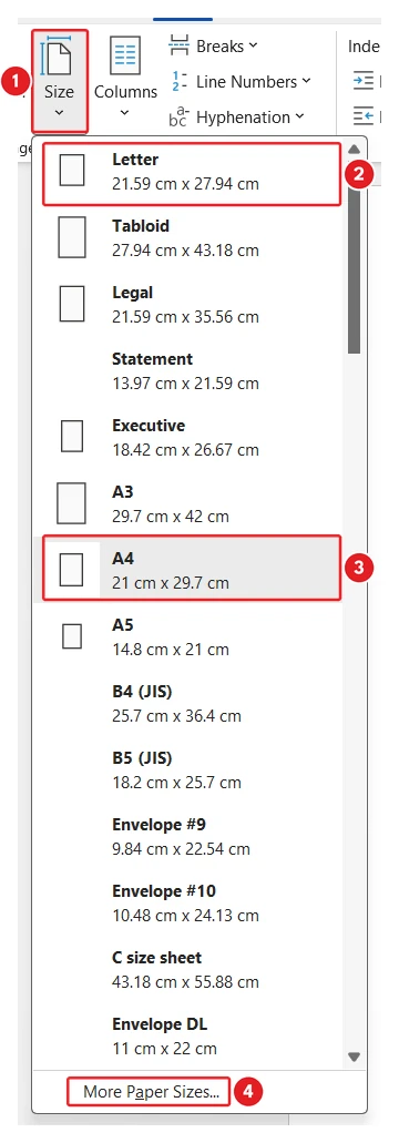 Paper sizes in Word: the Size menu on the Layout tab listing Letter, Tabloid, Legal, Executive, A3, A4, A5 and More Paper Sizes