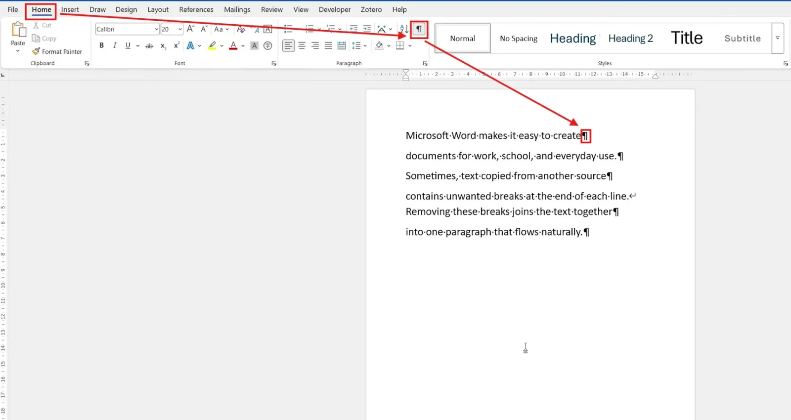Word Home tab with Show/Hide selected, revealing paragraph marks and a manual line break at the ends of lines
